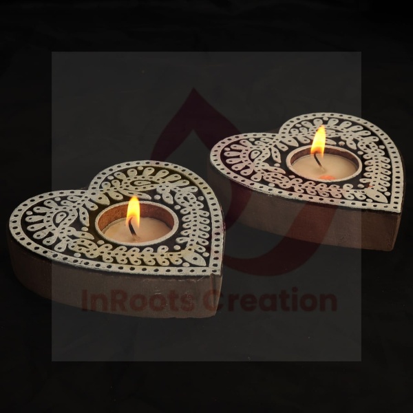 Heart Shape Wooden T Light Holder 2 pc set - Image 3