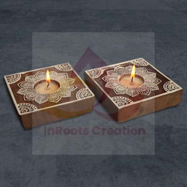 Square Shape Wood T Light Holder 2 pc set - Image 2